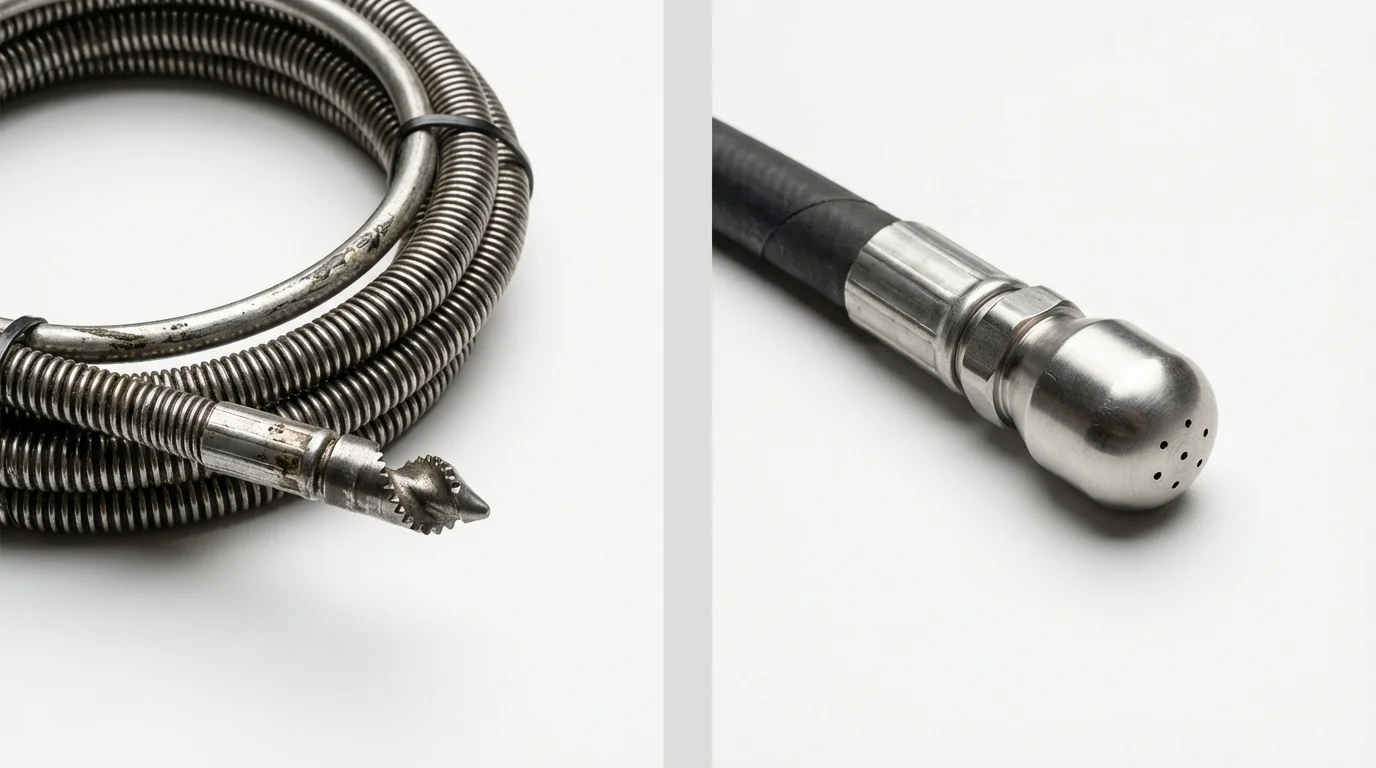 Drain snake cable and hydro jetting nozzle used for drain cleaning in Eagle Lake, TX