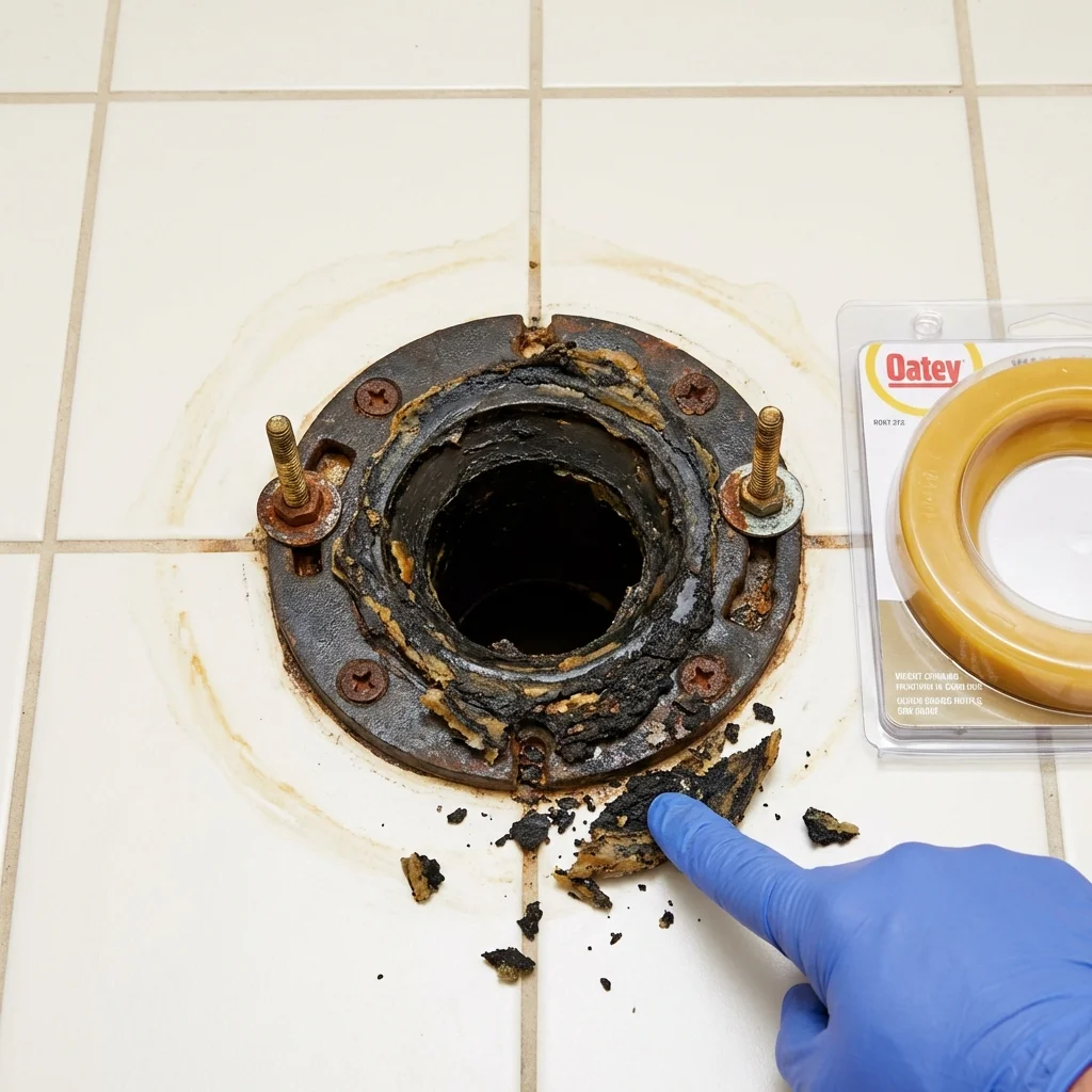 Failed wax ring showing water seepage at the base of a toilet in a Eagle Lake, TX home